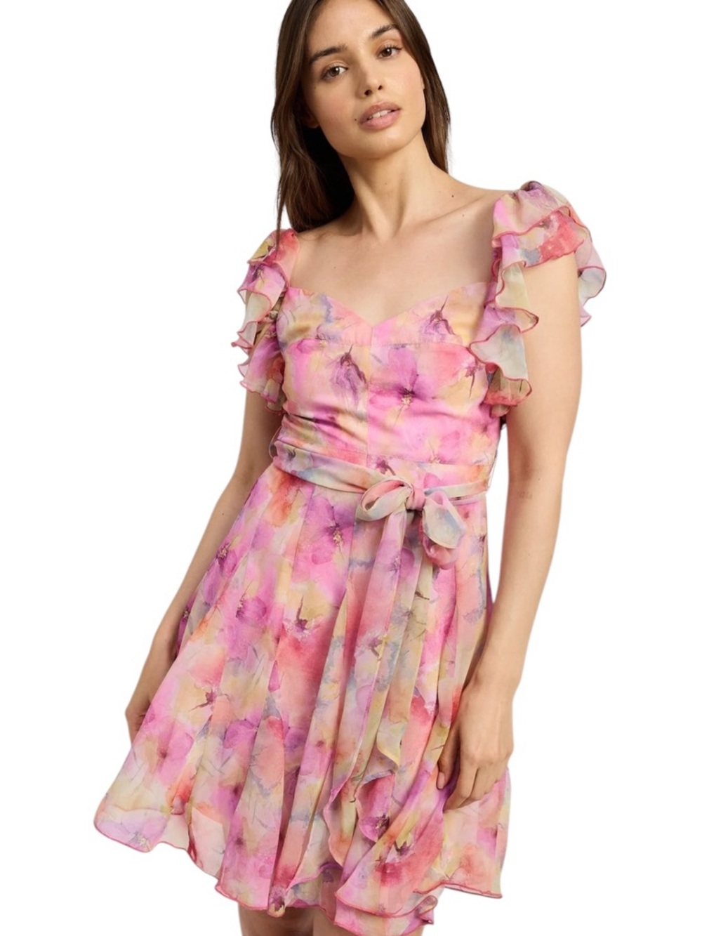 En Saison Amari Pink Watercolor Ruffle-Sleeve Tie-Waist Mini Dress Small New
